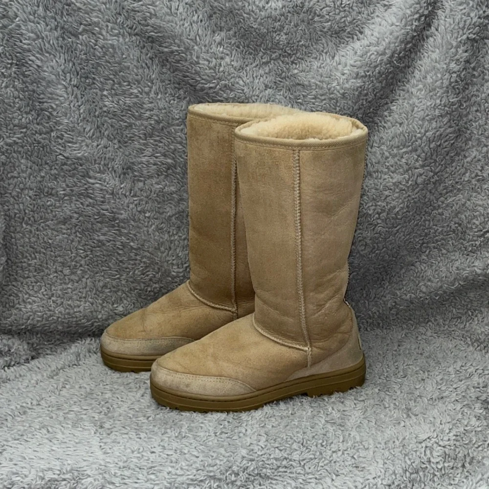 UGG Ultra Tall Boots Womens 6 Sand‎ Sheepskin Embroidered Braid 5245 Made in NZ